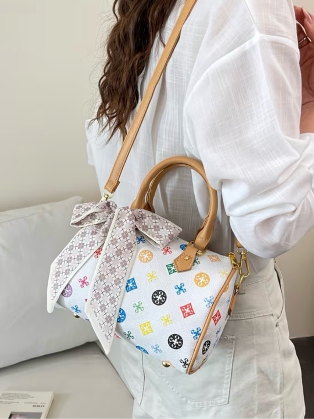 White Multicolor Pattern Mini Satchel with Tan Handles & Crossbody Strap - Picture 6 of 6
